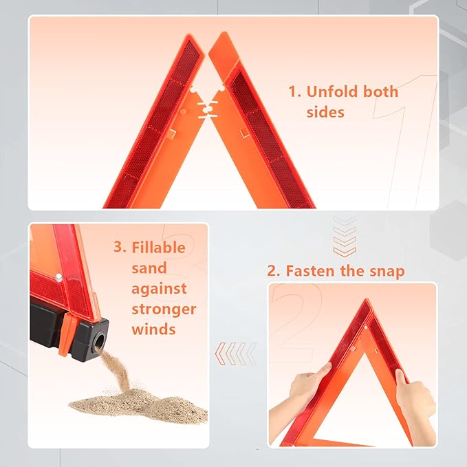 3 Pack Foldable Warning Reflective Triangles with Carrying Case, Heavy Base Roadside Triangles for Vehicles Breakdown, Safty Reflector DOT Approved(Sand Filled)…