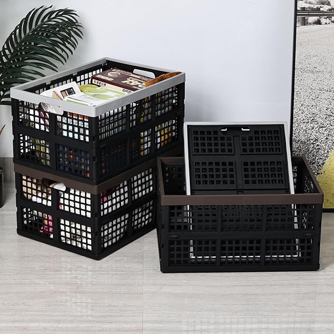 Gloreen 42 L Plastic Folding Storage Crates, Collapsible Crate for Storage, 4-Pack
