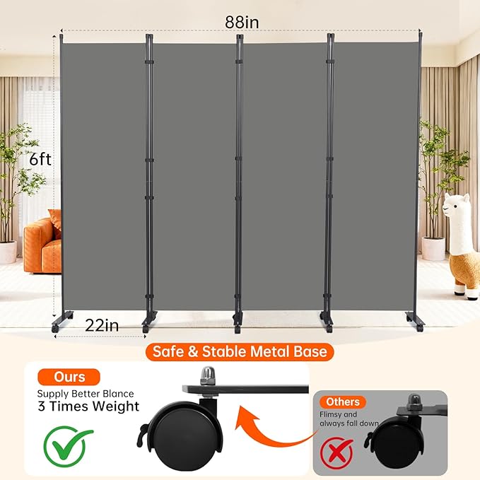 Room Divider 88''W Wall Divider for Room Partition (Heavy Duty Base) 4 Panel Partition Room Dividers, Freestanding Room Divider Screen Separation W/Wheels Folding Privacy Screen Panel Space Separator