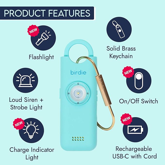 She’s Birdie 3.0 New Version – The Original Personal Safety Alarm for Women by Women–Loud Siren, Flash Light and Rechargeable Battery in a Variety of Colors (Aqua Blue)