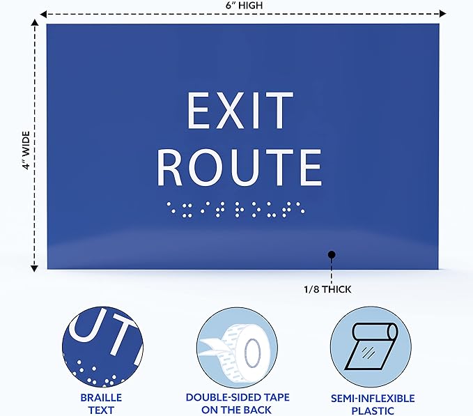 6" X4" Exit Route Sign- Tactile Graphics Grade 2 Braille Text | Modern Utility Wall Mount ADA Compliant Plastic Signs For Schools, Offices, Businesses, Apartments & Restaurants