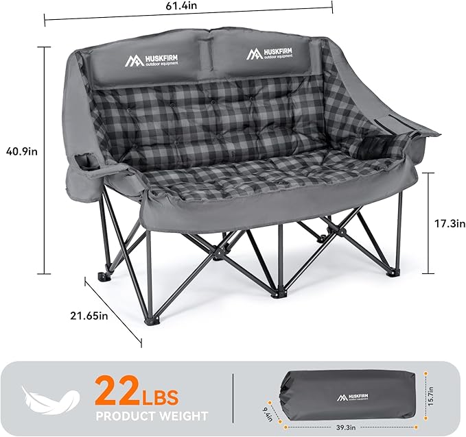 Padded Double Camping Chairs High Back Double Camp Chair Oversized Loveseat Camping Chair Support 800LBS Heavy Duty Camping Couch with Cup Holders, Cooler, Carry Bag, Grey