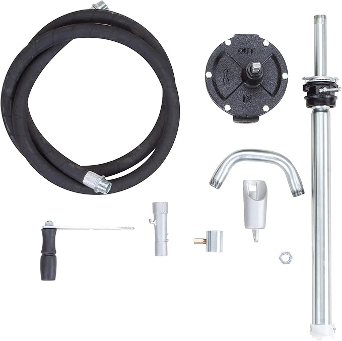 Groz 44082 Industrial Rotary Fuel Pump, with Steel Discharge Spout, Vacuum Breaker and 8' Discharge Hose