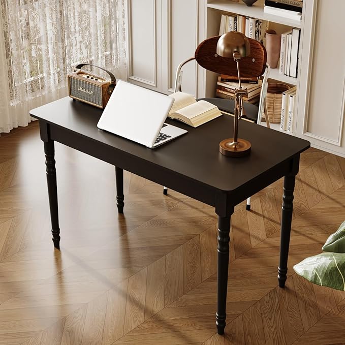 MOUMON Writing Desk with a Drawer, 47.2” Small Computer Desk for Home Office, Wood Study Table Craft Desks for Living Room Bedroom, Round Edge, Black, 23.6”D x 47.2”W x 29.4”H
