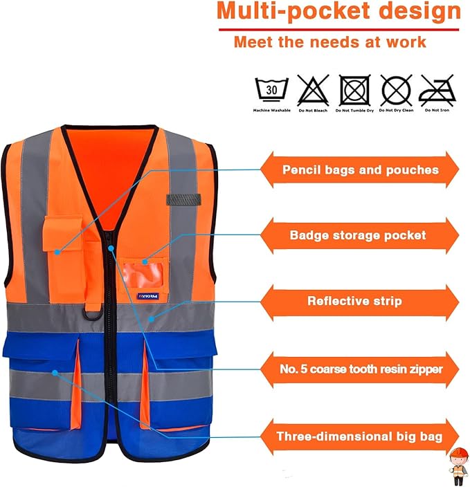 A-SAFETY Safety Vest High Visibility Working Vest with Dual Tone High Reflective Strips Orange&Blue Color Mixed Medium