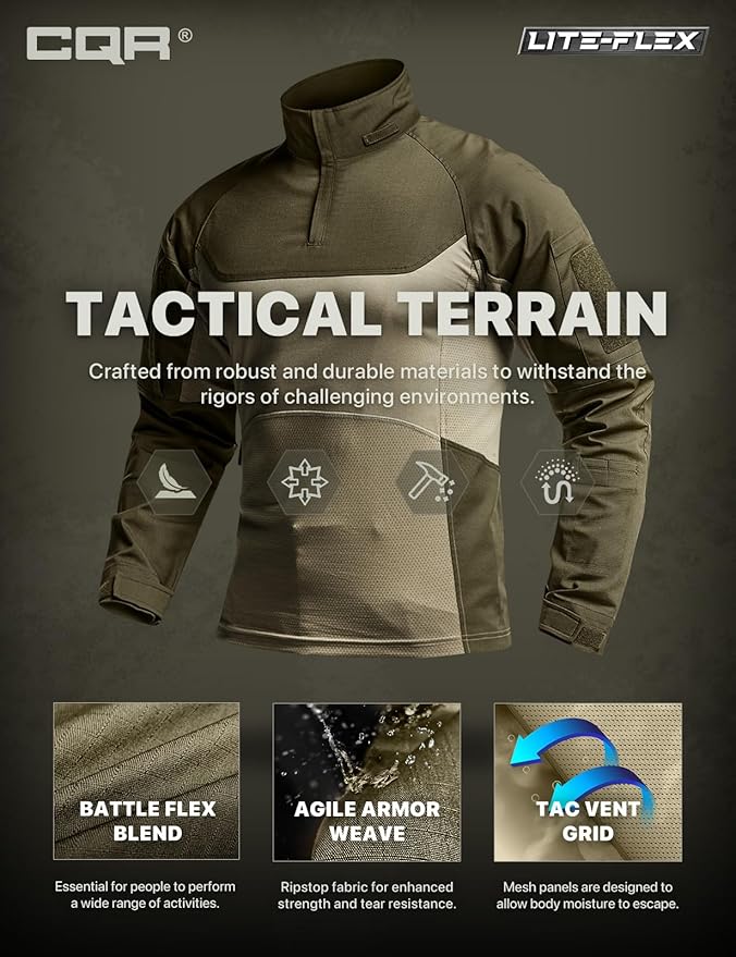 CQR Men's Combat Shirt Tactical 1/4 Zip Long Sleeve Military BDU Shirts Camo EDC Top with Pockets