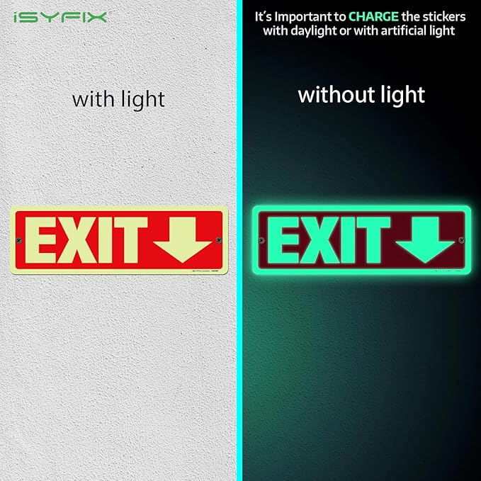 iSYFIX Exit Signs with Directional Down Arrow, Glow in the Dark, Photoluminescent Aluminum 12x4 Inch - 6 Pack, Laminated for UV & Weather Resistance, Ideal for Offices, Schools, Theaters & More