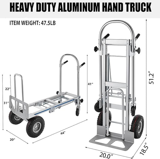 3in1 Aluminum Hand Truck,Convertible Hand Truck Dolly Large Size 1000 lb Capacity, Utility Cart Converts from Hand Truck to Platform Cart with 10" Hi Tech Rubber Wheels