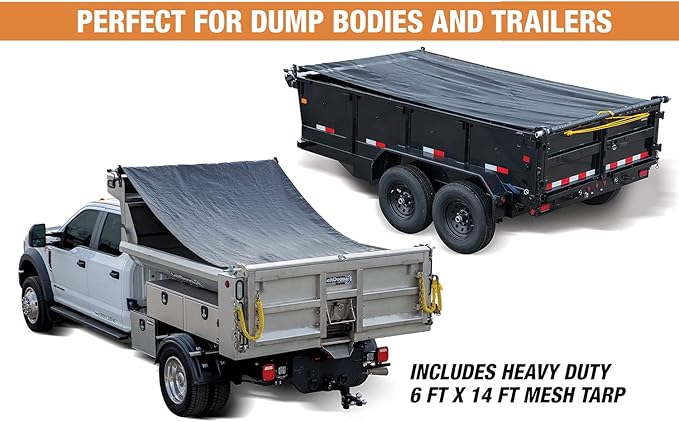 Buyers Products DTR6014 Aluminum Tarp System with Mesh Tarp, 6 x 14 Feet – Dump Body Tarp Kit, Heavy Duty Double-Stitched Hems, Brass Grommets, Telescoping Roller, Complete Hardware Included