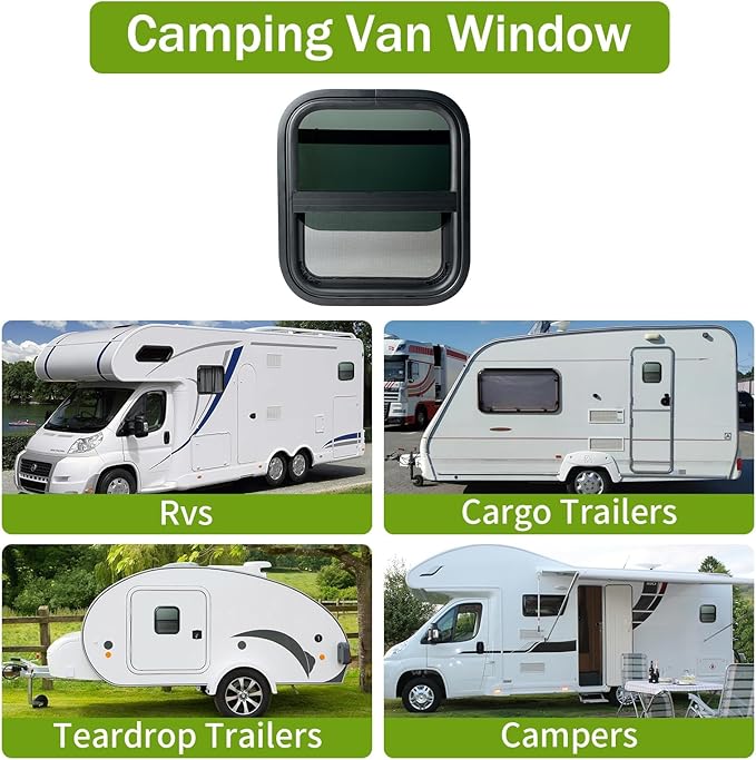 14"x16" RV Window - Vertical Sliding Teardrop Style, DOT-Certified Tempered Glass & Trim Set, Aluminum Alloy Frame w/Mesh Screen