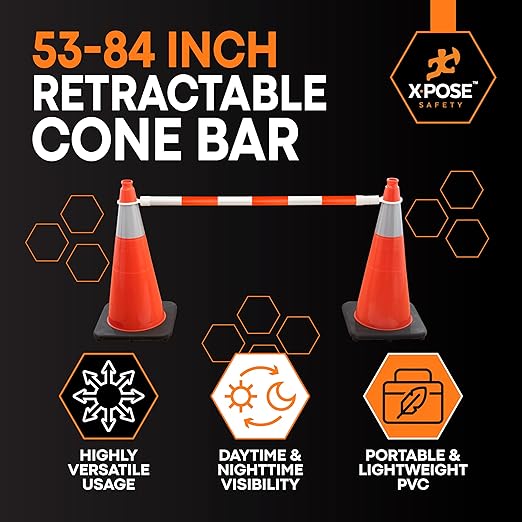 Retractable Barrier for Safety Traffic Cones - 2" OD - Large Yellow and Black Bar Barricade - for Road Construction, Parking, Warning, Temporary Security Divider (6, Orange & White, 53" x 84")