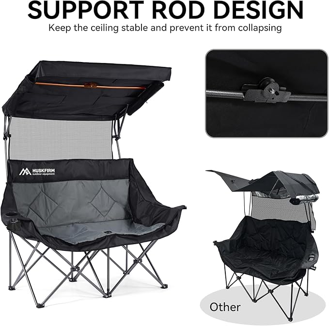 Double Camping Chair with Canopy Shade Folding Double Beach Chair with Adjustable Canopy Heavy Duty Loveseat Camping Chair with Two Cup Holders and Carry Bag for Outside, Beach Fishing Sports