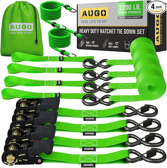 AUGO Ratchet Straps Heavy Duty 4 Pack -15 FT - 2200 LB Break Strength – Ratchet Tie Down Straps with Safety Lock S Hooks - Cargo Straps for Moving, Appliances, Motorcycle – Soft Loop Tie Down Straps