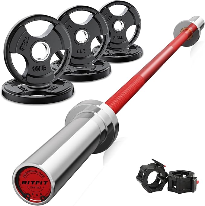 RitFit Barbell Weight Set - 4/6FT Olympic Barbell with Weight Plates (55-275LB Total) - Weightlifting Equipment for Squats, Curls, Deadlifts, Presses, Hip Thrusts