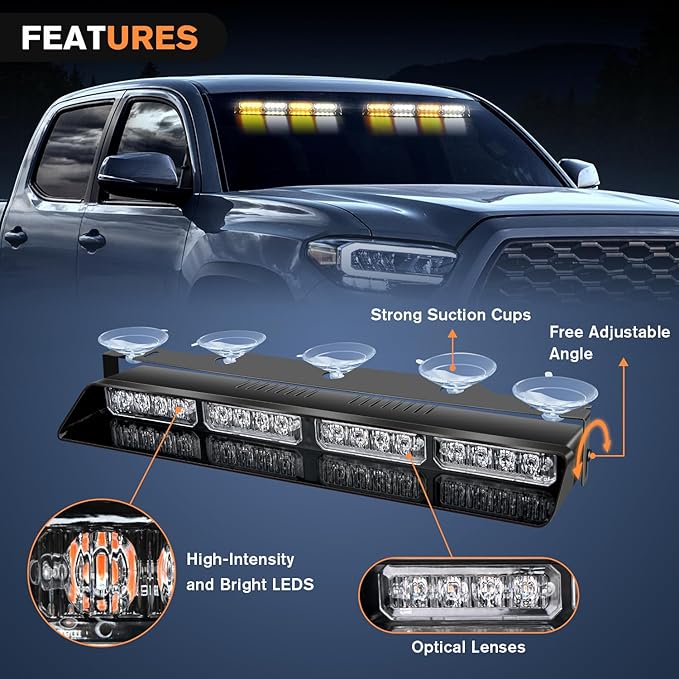 Nilight 32LED Amber White Emergency Dash Strobe Lights with Controller Suction Cups Warning Hazard Interior Front/Rear Windshield Deck Split Light Bar for Truck Construction Vehicle