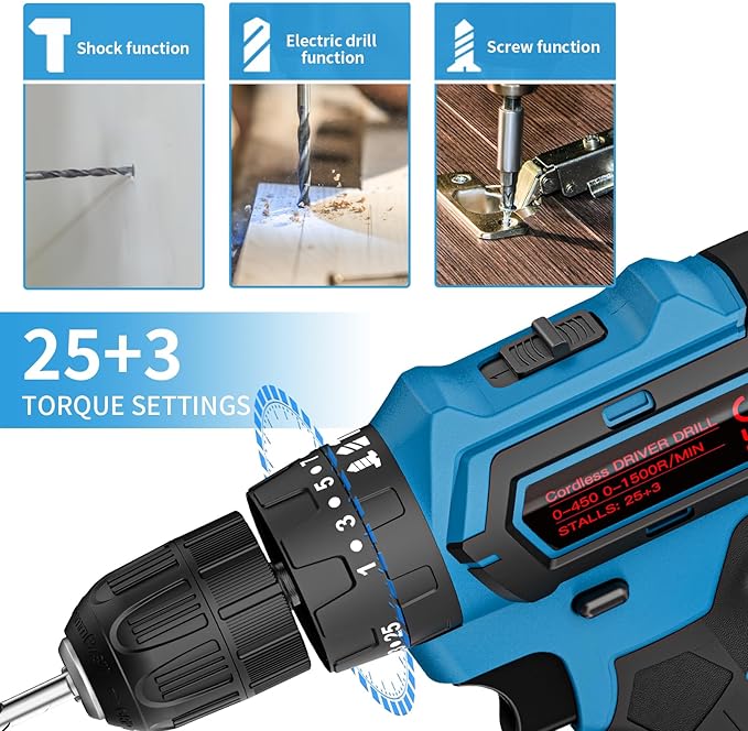 Cordless Drill Set, 21V Power Drill with 2 Batteries and Charger, 25+3 Torque Setting Electric Drill with 26 Acessories, Built-in 3/8'' Keyless Chuck, LED Light, Max 398 in/lb Electric Screwdriver