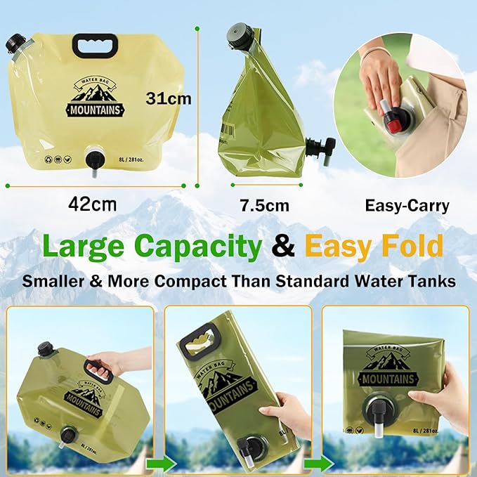 Camping Water Jug 8L/2.1 Gallon,Portable Folding Water Bag with Spigot and Handle, BPA Free Large Capacity Water Storage Carrier for Camping, Hiking, Outdoor, Emergency (Beige & Green, 8L)