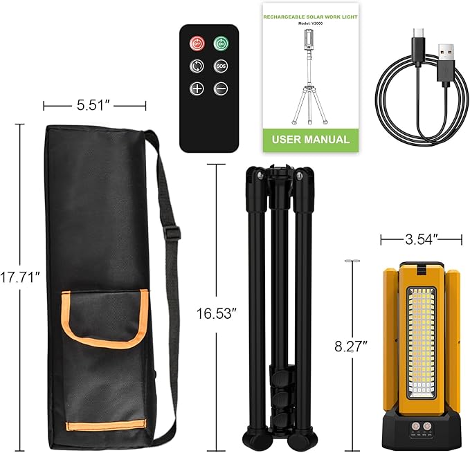 13200mAh Rechargeable Solar Work Light, IPX4 Waterproof with Folding Stand Support and Portable Carrying Bag, 8000 Lumen Stepless Dimmable, 4 Lighting Modes, White/Warm/Warm White (Remote)