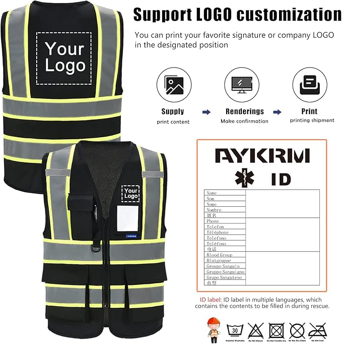 AYKRM Security Vest for Men Women 7 Pockets High Visibility Reflective Safety Vest Front Zipper Meets ANSI/ISEA
