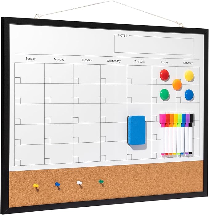 Dry Erase Calendar Whiteboard, 24" x 18" Magnetic Whiteboard Cork Board Combo, Reusable Monthly Planner with 8 Markers, Eraser, Magnets and Pushpins, Hanging Dry Erase Board for Home, School - Black