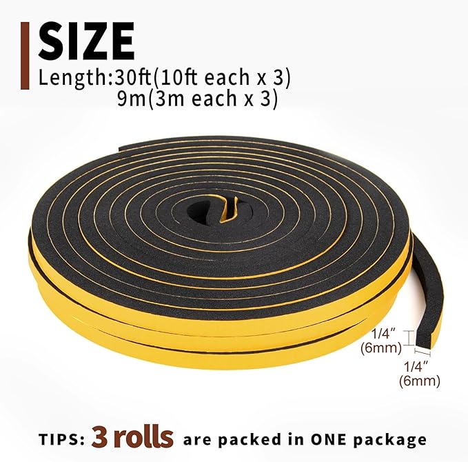 Yotache 3 Strips Foam Weather Stripping 1/4" W X 1/4" T, New Adhesive Craft, Insulation Soundproofing Strips Tape Gasket Seal for Door Frame and Window, Sliding Door Jamb, Total 30 Ft (3 X 10 Ft Each)