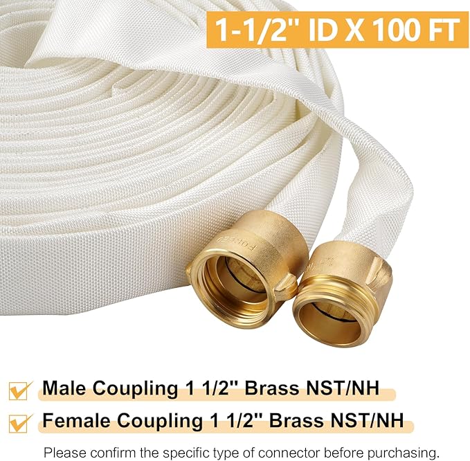 Fire Hose,1-1/2" ID X 100 FT, Single Jacket TPU, 450 PSI Burst Pressure, Industrial Fire Hose with NST/NH Brass Couplings for Indoor Use