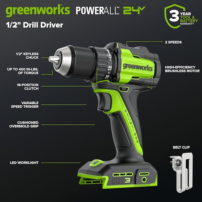 GREENWORKS 24V (4-TOOL) Combo (1/2” Drill + 1/4” Impact Driver + 6.5” Circular Saw + 200Lm Flashlight), 4.0Ah + 2.0Ah Batteries (24,000mAh Power Bank), (2) Braided Cables, 65W Rapid Charger