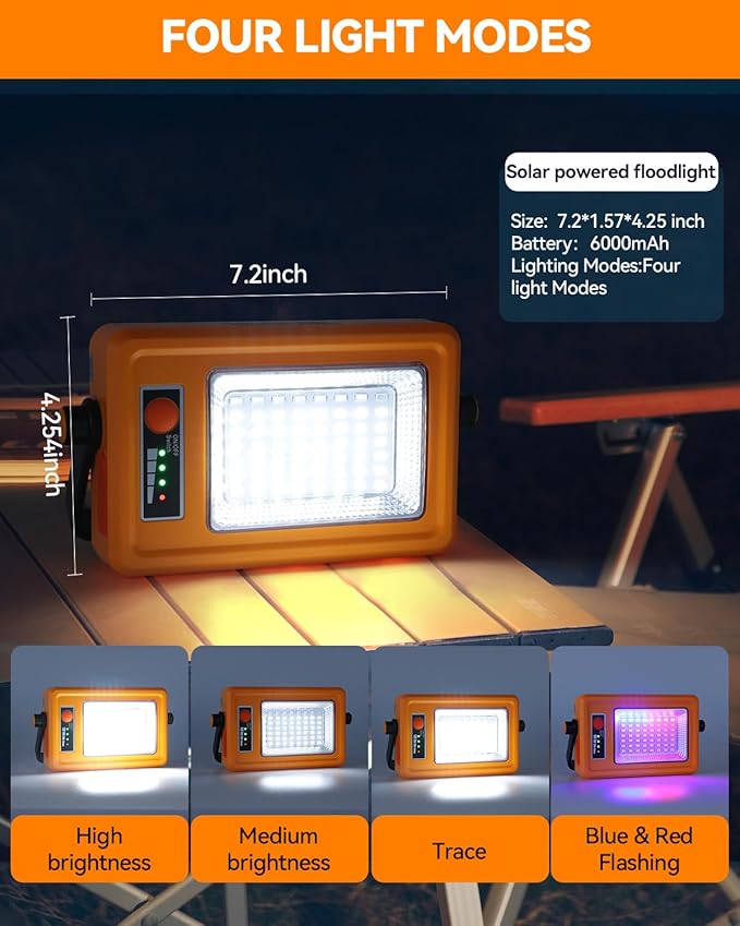 50W Multifunction Solar Rechargeable Work Light 56 LED Portable Flood Light with Stand 4 Modes LED Waterproof Job Site for Car Repair Fishing Camping Mechanic 1 Pack