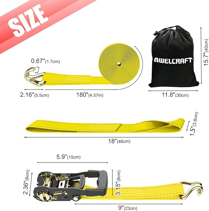 Ratchet Straps (4PK) - 4500lbs Breaking Strength 1.5''×15' Heavy Duty Tie Down Straps with Padded Handles, Double J Hooks & Soft Loops for Moving Motorcycle, Trailer & Trucks (Yellow)