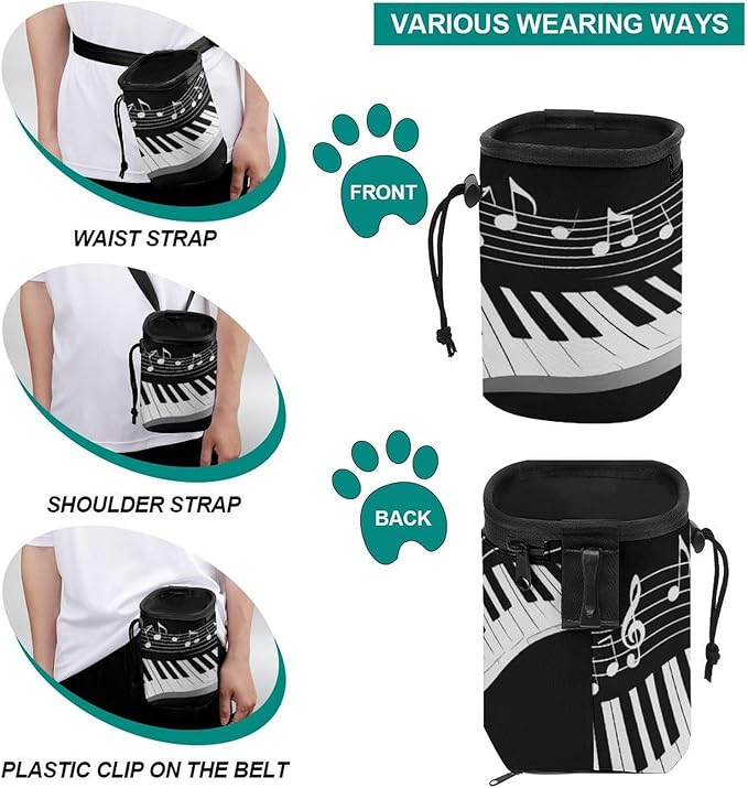 Dog Feed Snack Reward, Pet Training Package, Dog Snack Pocket with Adjustable Waist Belt 3 Ways to Wear White Piano Keys with Musical Notes Black