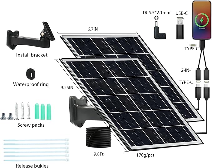 8W 5V Solar Panels for Security Cameras Type-C Micro USB DC Port Portable Charger Set 5 Volt 8 Watt High Efficiency Solar Panel for Cellphone Fan Power Bank 2 Pack Black