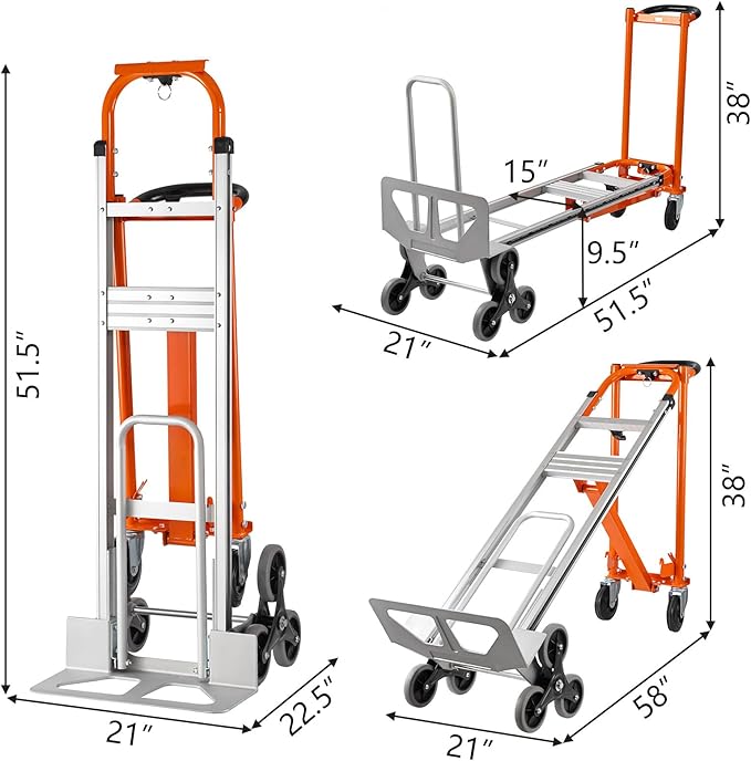 3in1 Aluminum Hand Truck 880 lb Capacity, Stair Climbing Cart Utility Cart Converts from Hand Truck Dolly to Platform Cart 3 Positions for Transport & Moving with 10" Rubber Wheels