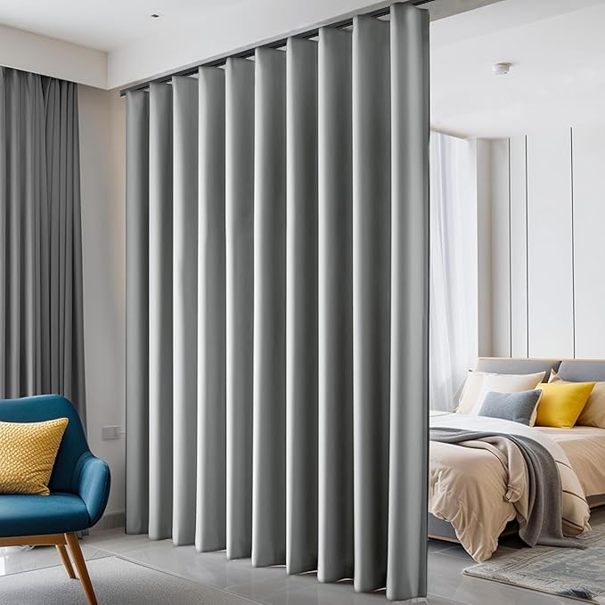 Room Divider Curtains Blackout Ceiling Track Curtain with Hook Wall Mount Sliding Door Curtains Ceiling Mount Extra Wide Curtain Wall Divider for Room Separation (Light Grey, W120 x H120 in)