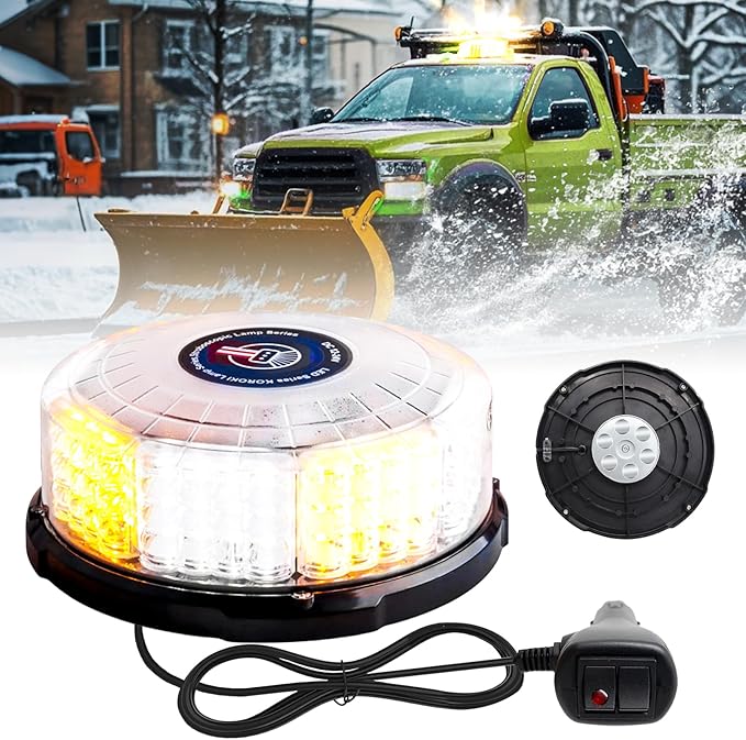 1PCS 96-LED Emergency Lights for Vehicles, 7" Magnetic Rooftop Beacon Light, Rotating Beacon Light, Mini Strobe Warning Forklift Lights, Flashing Lights for Vehicles Trucks Tow(Amber-White)