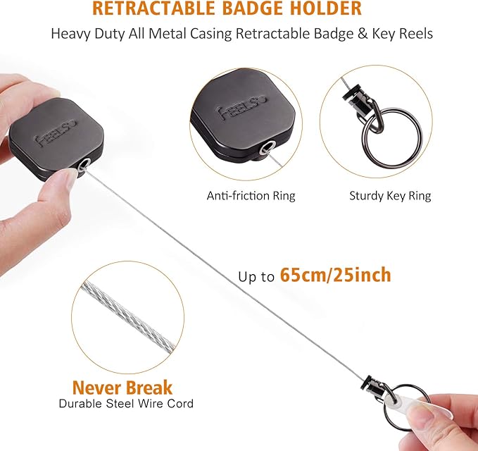 FEELSO Badge Holder Reel Retractable, Metal Heavy Duty Badge Holder with Belt Clip Key Ring and 6pcs Plastic ID Card Holders, Steel Wire Cord Up to 25 inch (2 Pack)