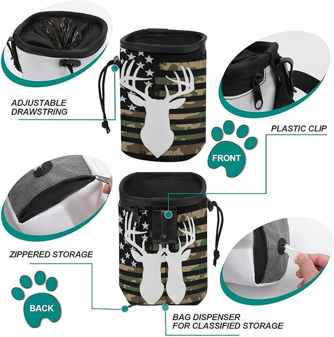 Fashion Pet Training Package, Portable Travel Dog Carrier Bag, Puppy Snack Pocket with Adjustable Waist Belt for Cat Dog Puppy Camouflage American Flag Hunting Deer Camo