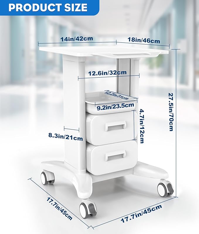 Medical Trolley Cart with Drawers, Hospital Mobile Ultrasound Cart with Trays&4 Silent Swivel Wheels,220 LBS Load Portable Storage Drawer for Hospital, Dental Clinic,Beauty Salon (White/Double drawer)