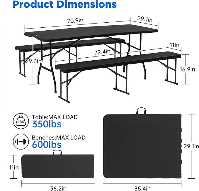 Folding Picnic Table Set with 2 Benches, 6 ft Camping Table Chair Set, 3-Piece Folding Furniture for Indoor or Outdoor Use, W/Handle and Safety Locks,Smooth Tabletop, Black