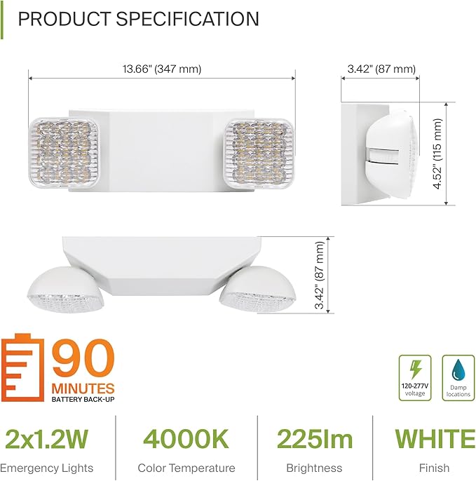 ASD LED Emergency Lights with Battery Backup - 120-277V UL 2.5W Two Square Head Adjustable for Business, Commercial Hardwired Damp Location Emergency Exit Power Outage Lights