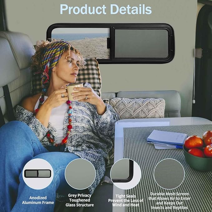 33"x10" RV Van Bunk Window - Passenger Side, DOT Certified, Half-Slider Privacy Glass, Anodized Aluminum Frame, UV Protection, Easy Clamp-in Installation (Fits 33" W x 10" H Cut-Out)