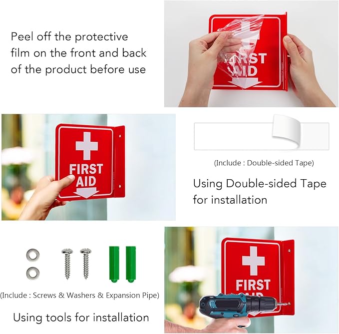Faittoo First Aid Sign, 2 Pack First Aid with Cross Symbol - 6 x 6 Inches Acrylic Plastic, 2 Pre-Drilled Holes, Includes Matching Screws, Use for Home Office/Business