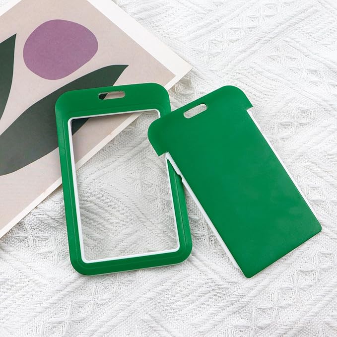2-Pack Green Card Holder Set, Clear Plastic ID Badge Holder, Top Slot for Lanyard & Keychain, Reusable PVC Card Sleeve for Work Office School Access Card
