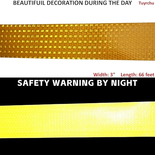Yellow Reflective Tape Outdoor Waterproof 3 inch Wide for Cars, High Visibility Safety Warning Adhesive Stickers Strips (66 feet)