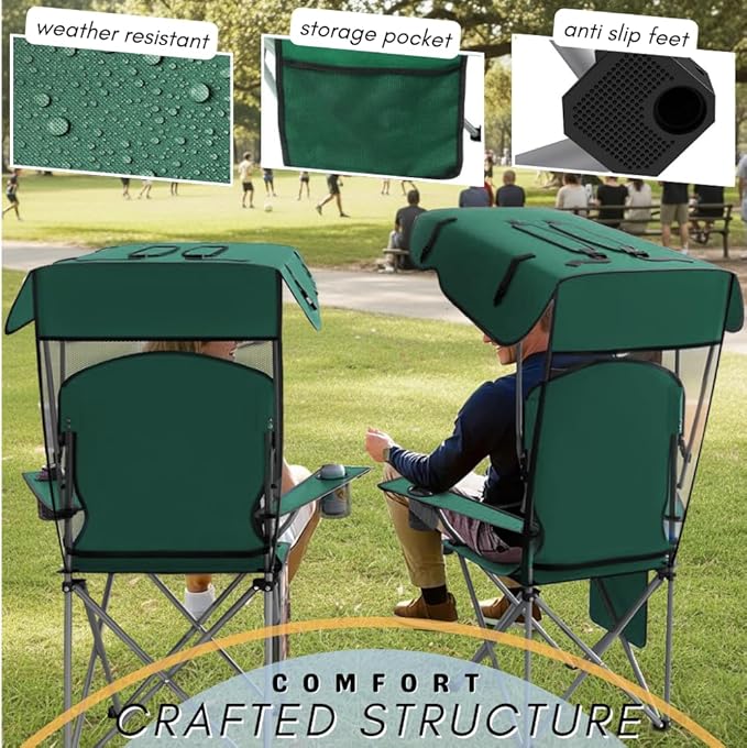 Portable Folding Camping Chairs with Canopy Shade, Beach Chair for Adults, Durable Weather Resistant 600D Oxford Cloth, Camping Chair with Canopy for Outdoors [Green-2 Pack]