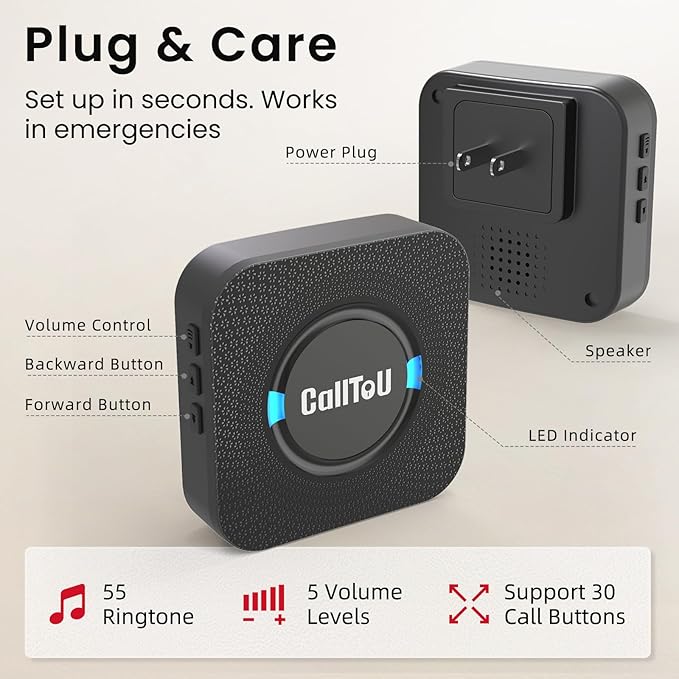 CallToU Caregiver Call Button Smart Call System 3 Receivers 2 SOS Call Button for Elderly at Home Nurse Calling Alert Patient Help System for Home/Personal Attention Pager 500+Feet (CC05BL 2-3)