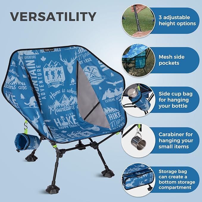 ATEPA UFO3.0 Backpacking Camping Chair, Ultralight Extra Wide Comfortable Folding Chairs Heavy Duty Portable Hexagon Ergonomic Height Adjustable Seat with Anti-Sinking Feet for Hiking Outdoor, Blue