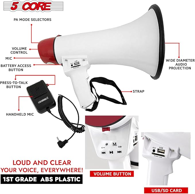 5 CORE 40W Megaphone Bullhorn Cheer Bull Horn Speaker Rechargeable Megaphono 1000 Yard Range Siren Recording USB SD Card AUX Detachable Microphone for Cheerleading, Football, Safety Drills