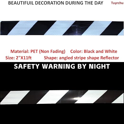 Reflective Tape Black and White 2 inch Wide for Trucks, Outdoor Waterproof High Visibility Safety Warning Sticker Strips (11 feet)