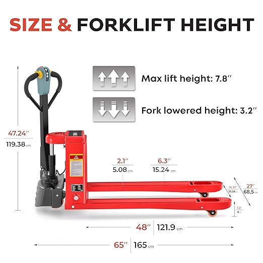 Full Electric Forklift Walkie Pallet Stacker 3300 Lb Capacity 118 Inch Lifting Height and Full Electric Power Pallet Jack 3300 Lb Capacity 48” L x 27” W Fork Size