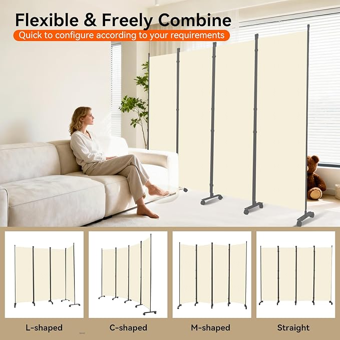 Room Divider 88''W Wall Divider for Room Partition (Heavy Duty Base) 4 Panel Partition Room Dividers, Freestanding Room Divider Screen Separation W/Wheels Folding Privacy Screen Panel Space Separator